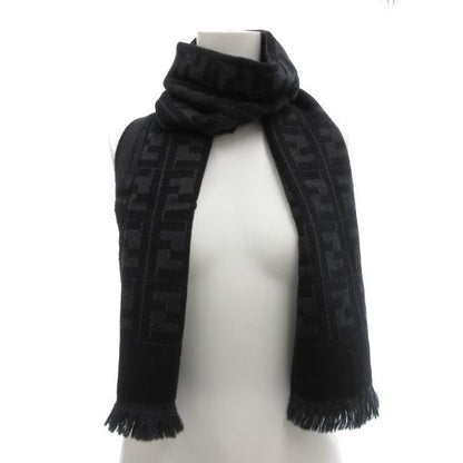 Fendi Scarf Shawl Zucca Pattern Fringe Logo Embroidery Wool Black AE