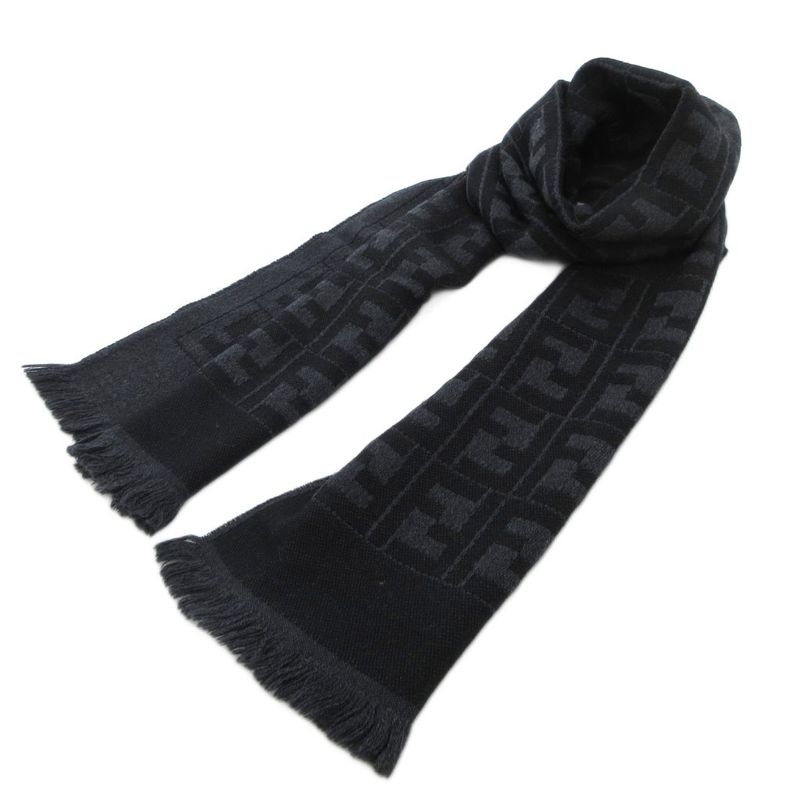 Fendi Scarf Shawl Zucca Pattern Fringe Logo Embroidery Wool Black AE