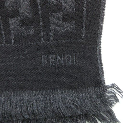 Fendi Scarf Shawl Zucca Pattern Fringe Logo Embroidery Wool Black AE