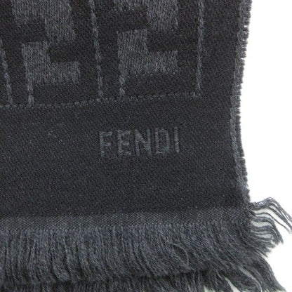 Fendi Scarf Shawl Zucca Pattern Fringe Logo Embroidery Wool Black AE