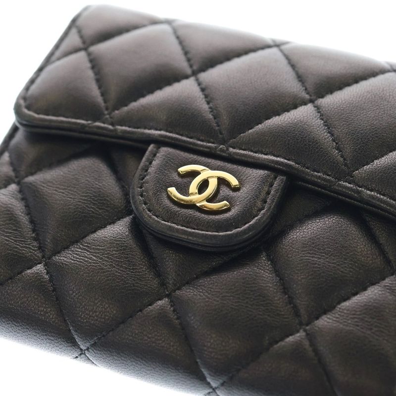 Chanel Matelasse Fold Wallet Black Lambskin Compact Wallet Gold Hardware
