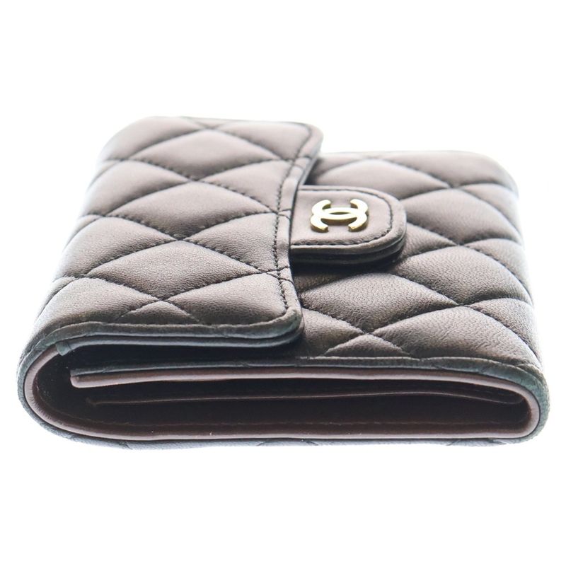 Chanel Matelasse Fold Wallet Black Lambskin Compact Wallet Gold Hardware