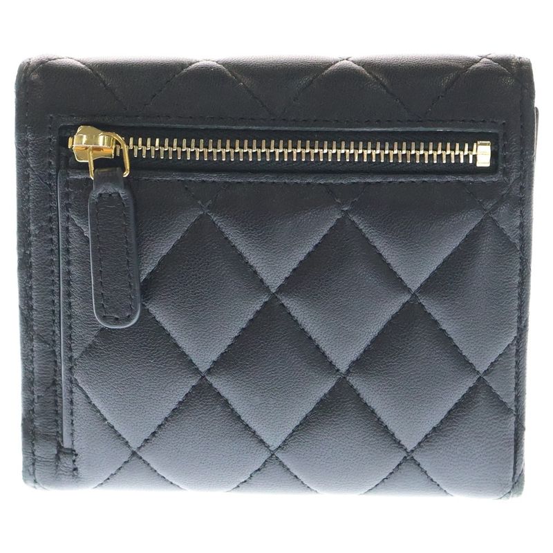 Chanel Matelasse Fold Wallet Black Lambskin Compact Wallet Gold Hardware