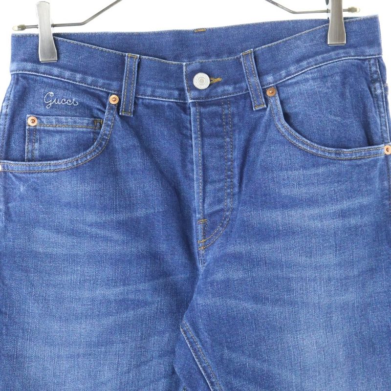 Gucci Vintage Logo Leather Patch Button Fly Washed Tapered Denim Pants Jeans