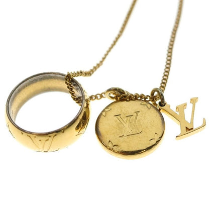 Louis Vuitton LV Logo Ring Monogram Charm Medal Chain Necklace Gold M80189