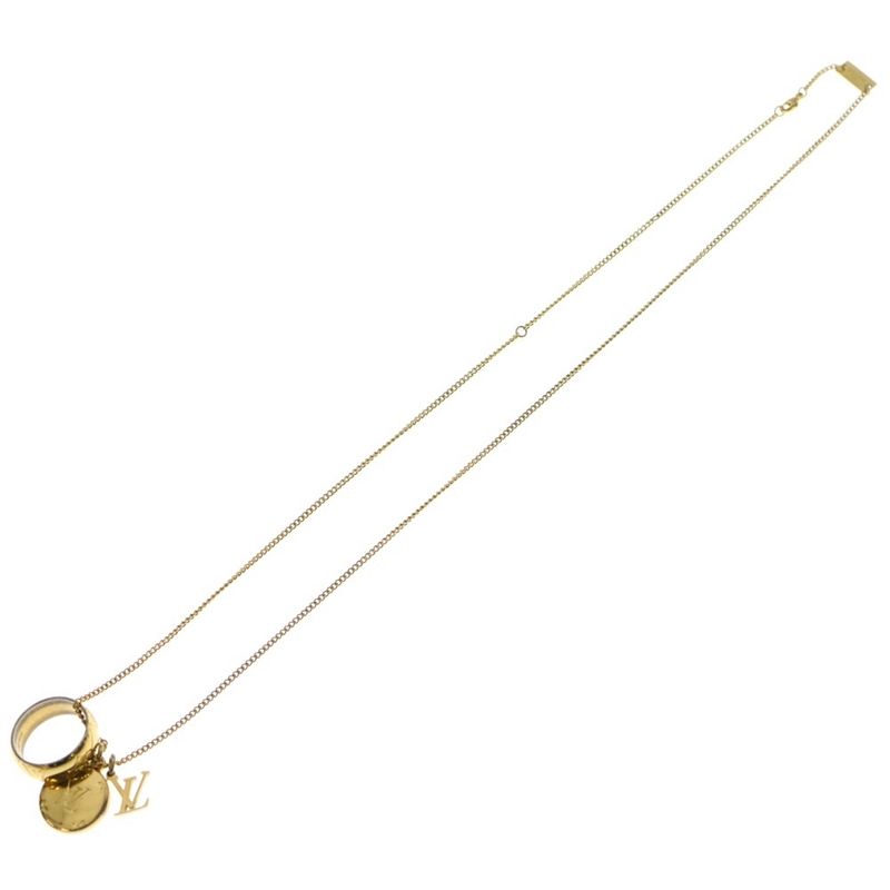 Louis Vuitton LV Logo Ring Monogram Charm Medal Chain Necklace Gold M80189