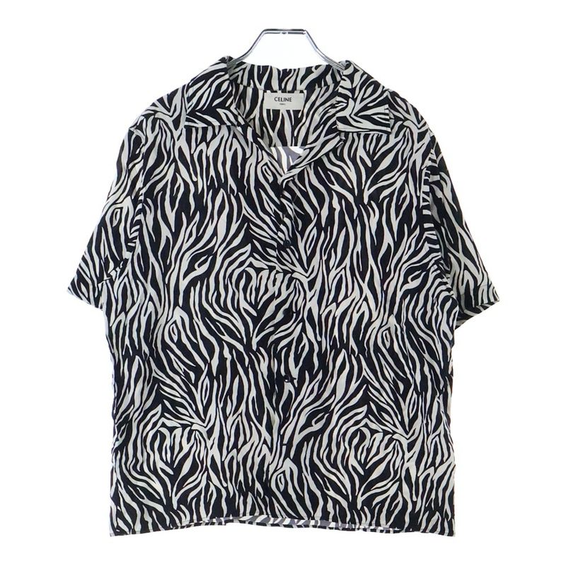 Celine 20SS Zebra Pattern Open Collar Rayon Short Sleeve Shirt Black White