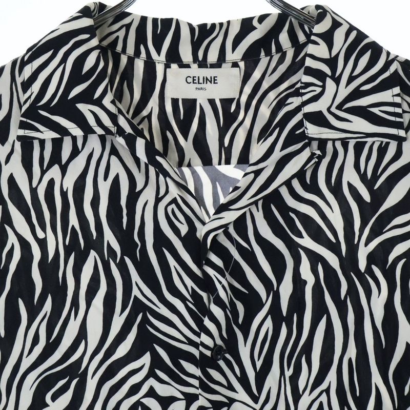 Celine 20SS Zebra Pattern Open Collar Rayon Short Sleeve Shirt Black White