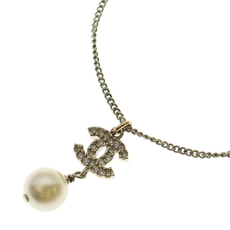 Chanel Coco Mark Pearl Necklace Pendant Chain Gold GP A11C