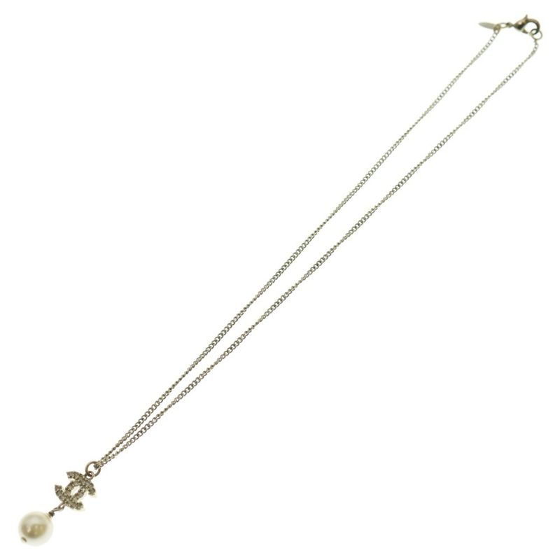 Chanel Coco Mark Pearl Necklace Pendant Chain Gold GP A11C