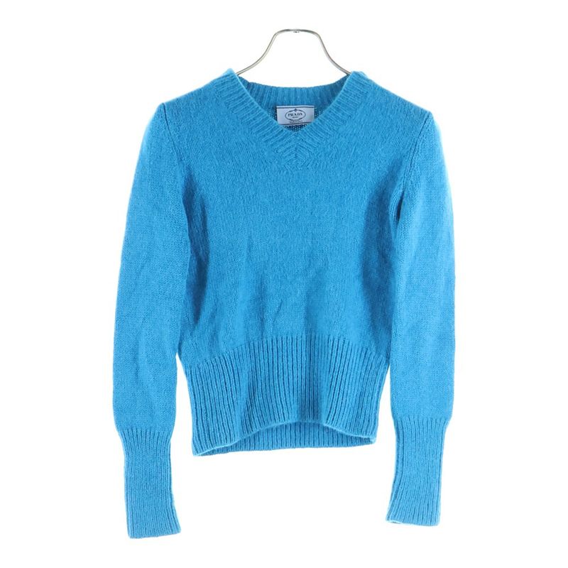 Prada Alpaca Wool V-neck Knitted Sweater Blue Women's P24d07