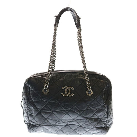 Chanel Coco Mark Logo Plate Leather Chain Shoulder Bag Silver Hardware Black