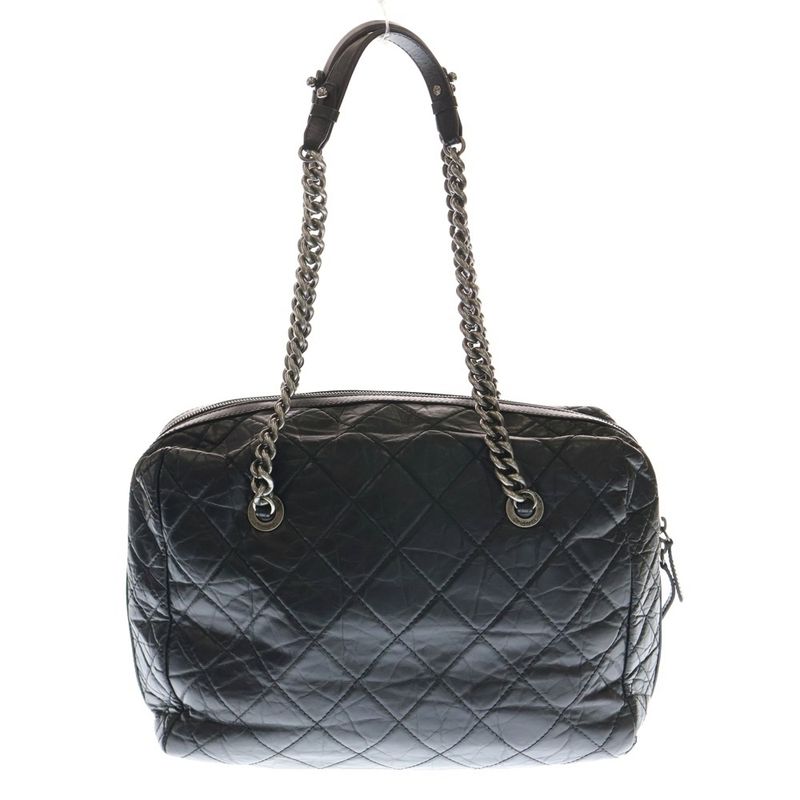 Chanel Coco Mark Logo Plate Leather Chain Shoulder Bag Silver Hardware Black