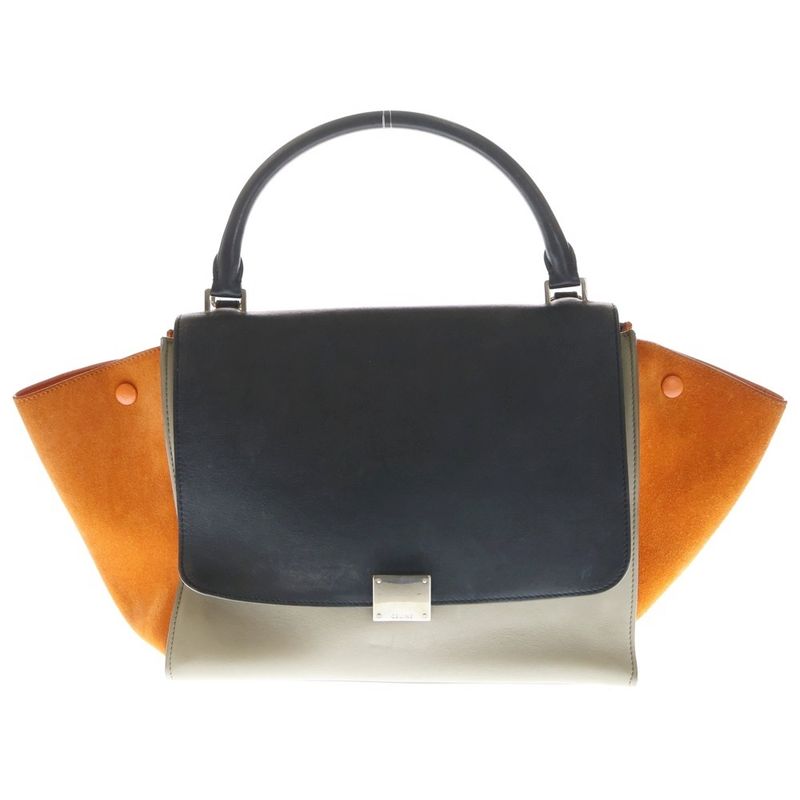 Celine Trapeze Medium Leather 2WAY Hand Shoulder Bag Silver Hardware Black Beige