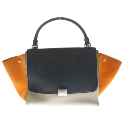 Celine Trapeze Medium Leather 2WAY Hand Shoulder Bag Silver Hardware Black Beige