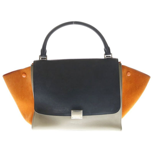 Celine Trapeze Medium Leather 2WAY Hand Shoulder Bag Silver Hardware Black Beige