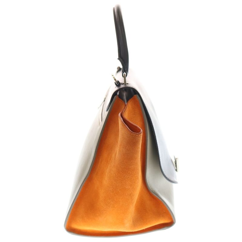 Celine Trapeze Medium Leather 2WAY Hand Shoulder Bag Silver Hardware Black Beige