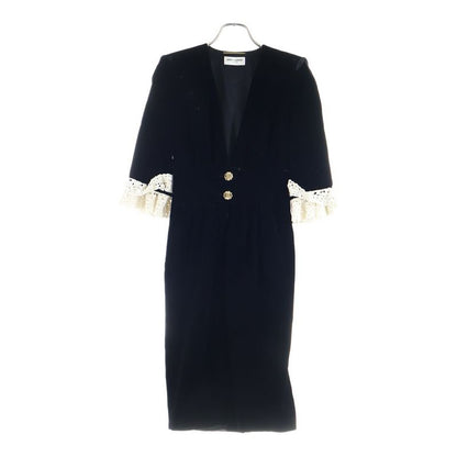 Saint Laurent Paris Velour Velvet Gold Button V-neck Lace Switch Half Sleeve