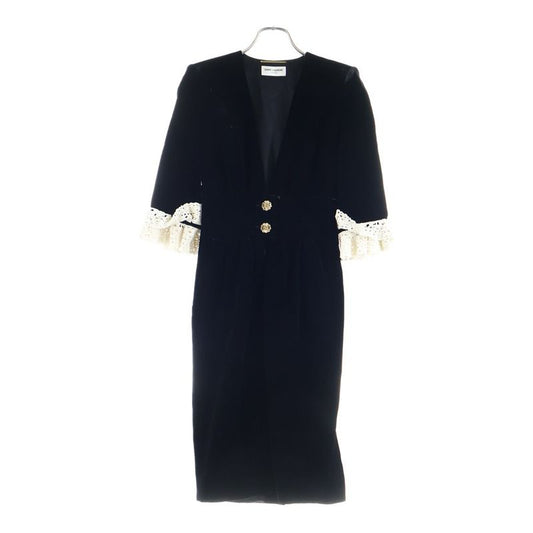 Saint Laurent Paris Velour Velvet Gold Button V-neck Lace Switch Half Sleeve