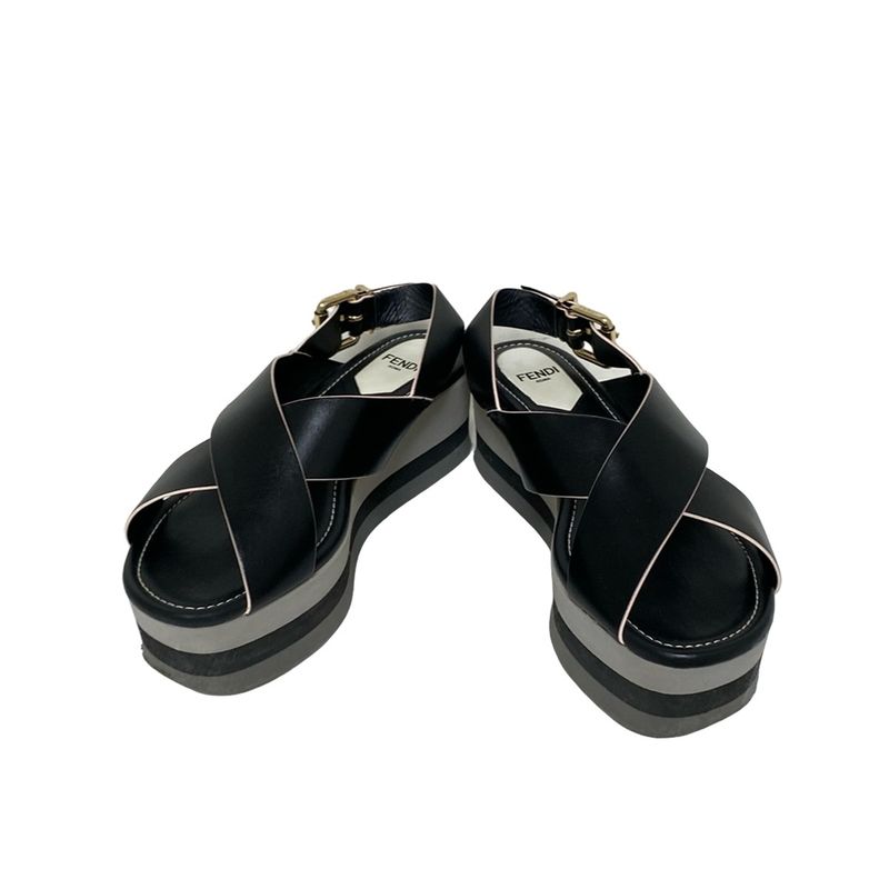 Fendi Sandals 36 Women - Black Cross Strap Wedge Sole Leather