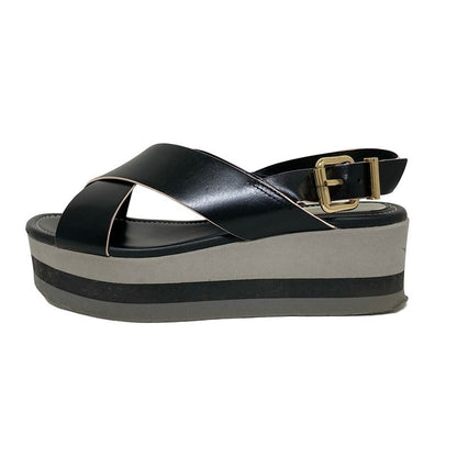 Fendi Sandals 36 Women - Black Cross Strap Wedge Sole Leather