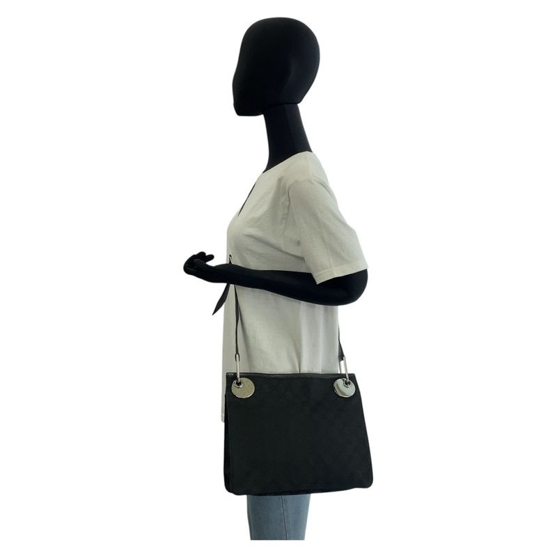 Gucci Black Silver Hardware GG Canvas Leather 120841 Shoulder Bag Messenger Bag