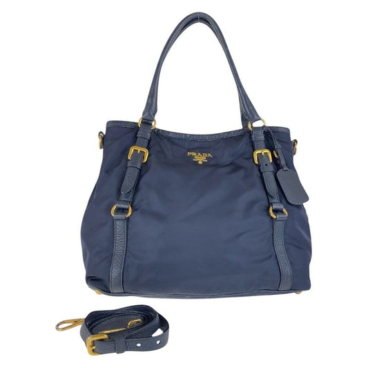 Prada Navy Gold Hardware Nylon Leather Shoulder Bag Handbag Women 506320