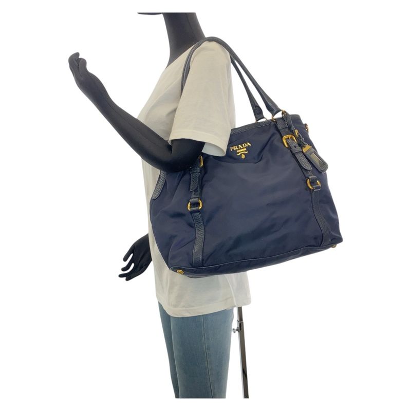 Prada Navy Gold Hardware Nylon Leather Shoulder Bag Handbag Women 506320