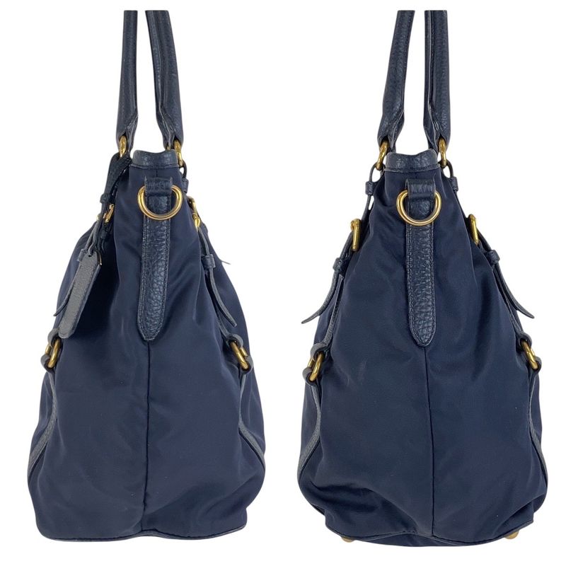 Prada Navy Gold Hardware Nylon Leather Shoulder Bag Handbag Women 506320