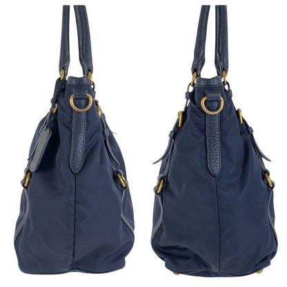 Prada Navy Gold Hardware Nylon Leather Shoulder Bag Handbag Women 506320