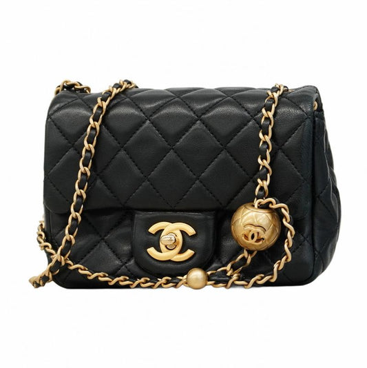 Chanel Shoulder Bag Mini Matelasse Lambskin Black Gold Hardware Women