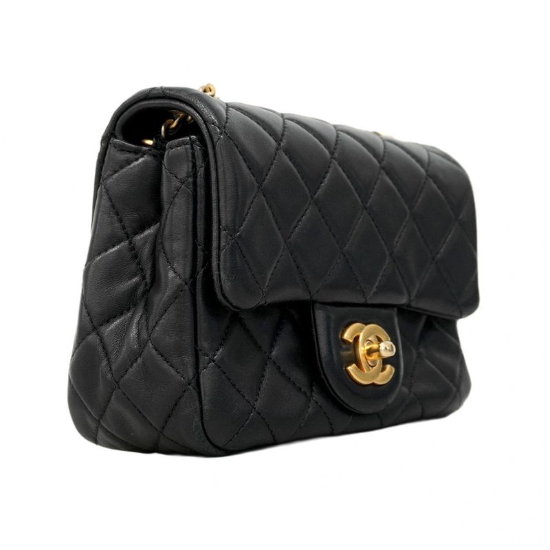 Chanel Shoulder Bag Mini Matelasse Lambskin Black Gold Hardware Women