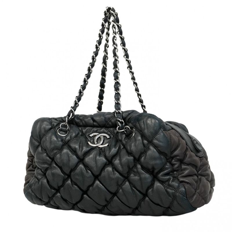 Chanel Shoulder Bag Bubble Quilted Lambskin Black Silver Hardware Women
