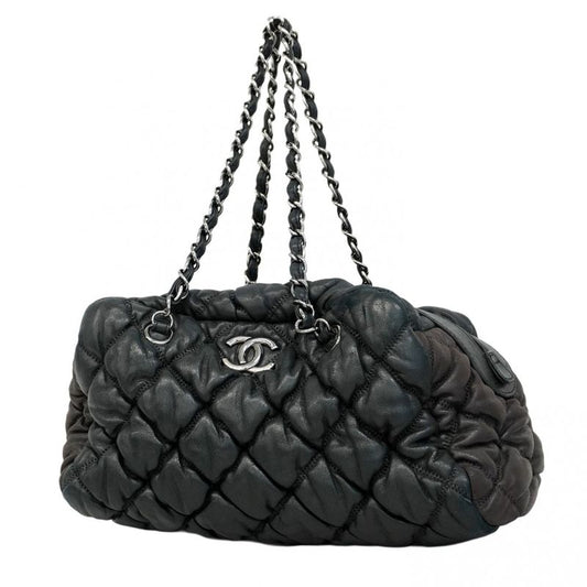 Chanel Shoulder Bag Bubble Quilted Lambskin Black Silver Hardware Women