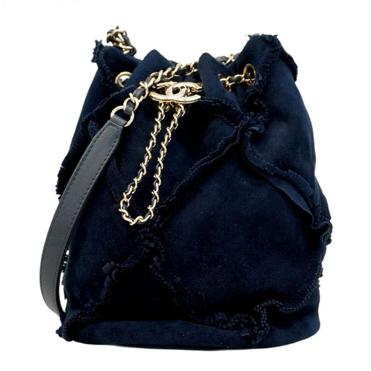 Chanel Shoulder Bag Fringe Suede Navy Gold Hardware Women