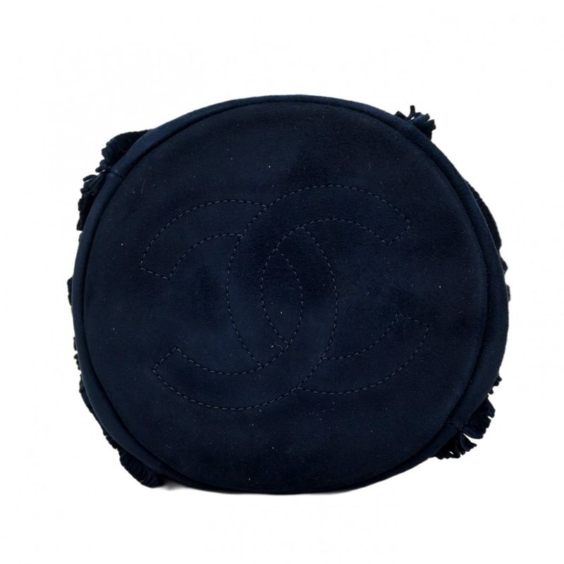 Chanel Shoulder Bag Fringe Suede Navy Gold Hardware Women