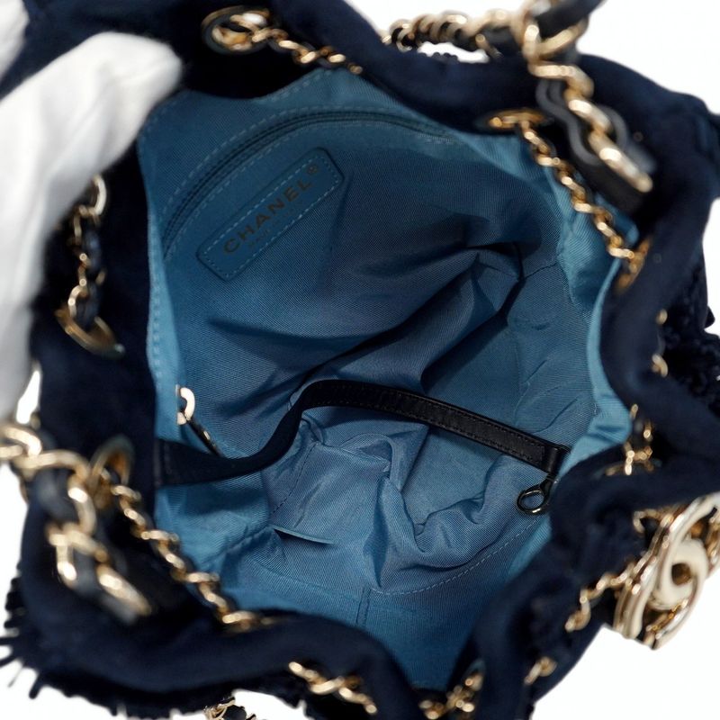 Chanel Shoulder Bag Fringe Suede Navy Gold Hardware Women