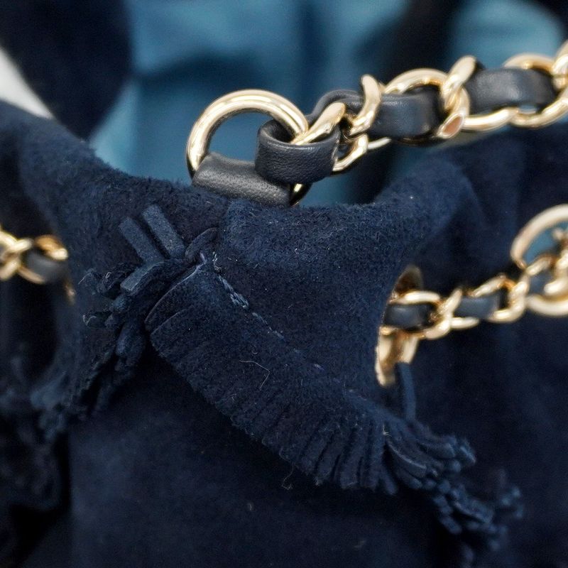 Chanel Shoulder Bag Fringe Suede Navy Gold Hardware Women