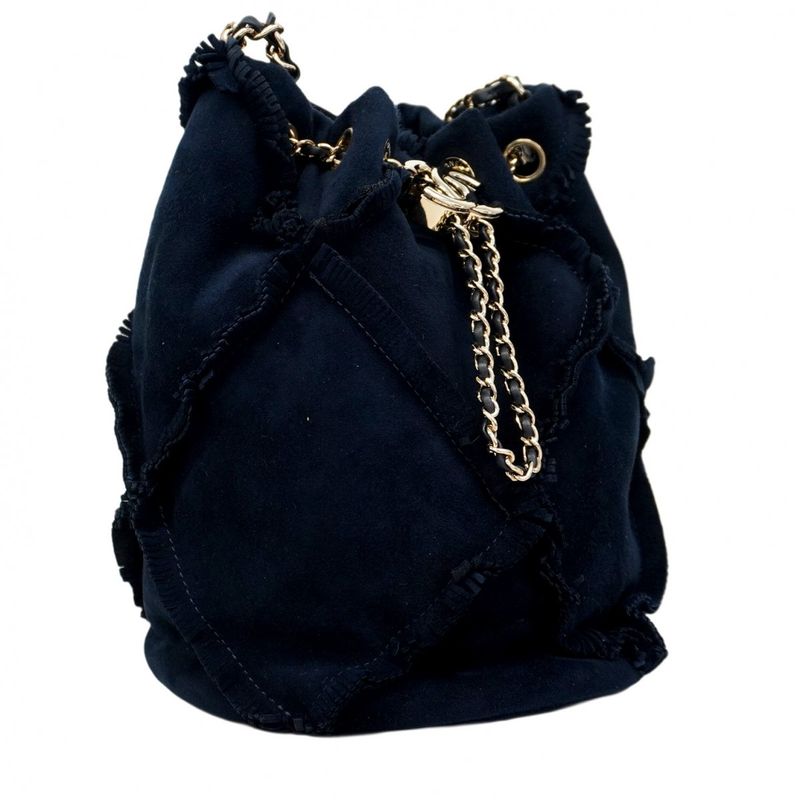 Chanel Shoulder Bag Fringe Suede Navy Gold Hardware Women