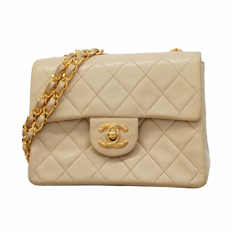 Chanel Shoulder Bag Mini Matelasse Lambskin Beige Gold Hardware Women