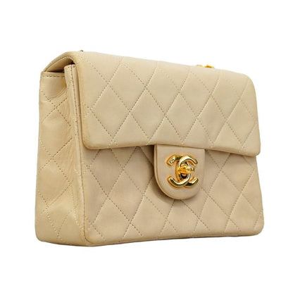 Chanel Shoulder Bag Mini Matelasse Lambskin Beige Gold Hardware Women