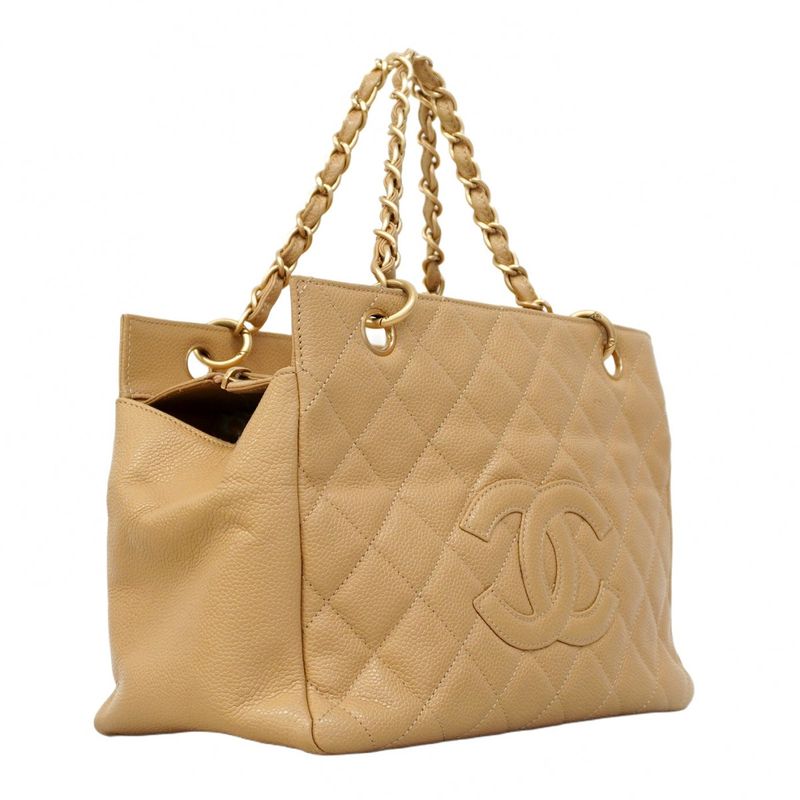 Chanel Handbag Matelasse Chain Caviar Skin Beige Gold Hardware Women