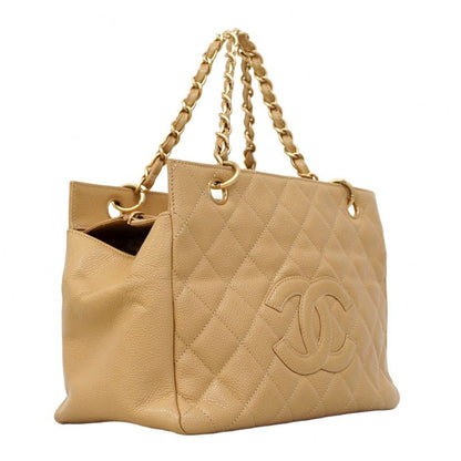 Chanel Handbag Matelasse Chain Caviar Skin Beige Gold Hardware Women