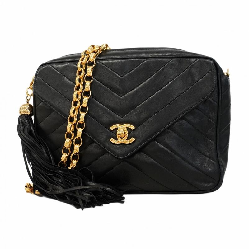 Chanel Shoulder Bag V-stitched Brilliant Lambskin Black Gold Hardware Women