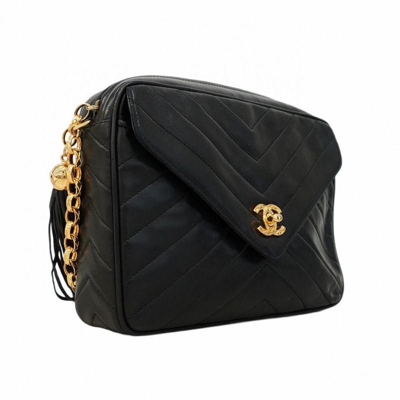 Chanel Shoulder Bag V-stitched Brilliant Lambskin Black Gold Hardware Women