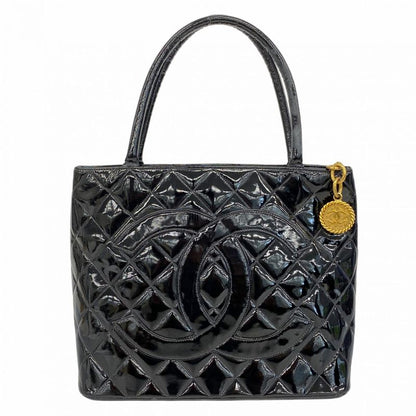 Chanel Tote Bag Reprint Tote Patent Leather Black Gold Hardware Women's