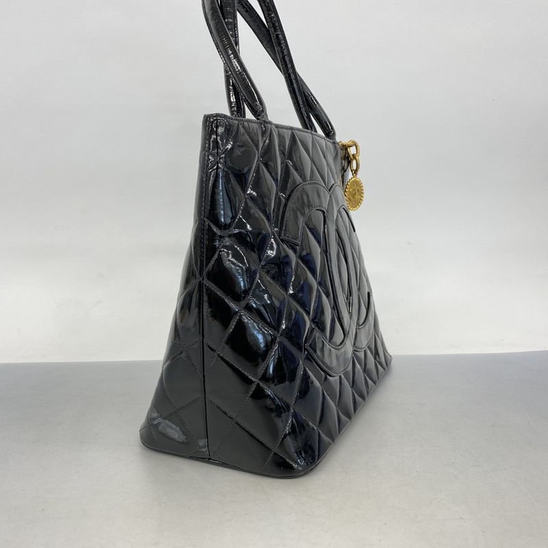 Chanel Tote Bag Reprint Tote Patent Leather Black Gold Hardware Women's