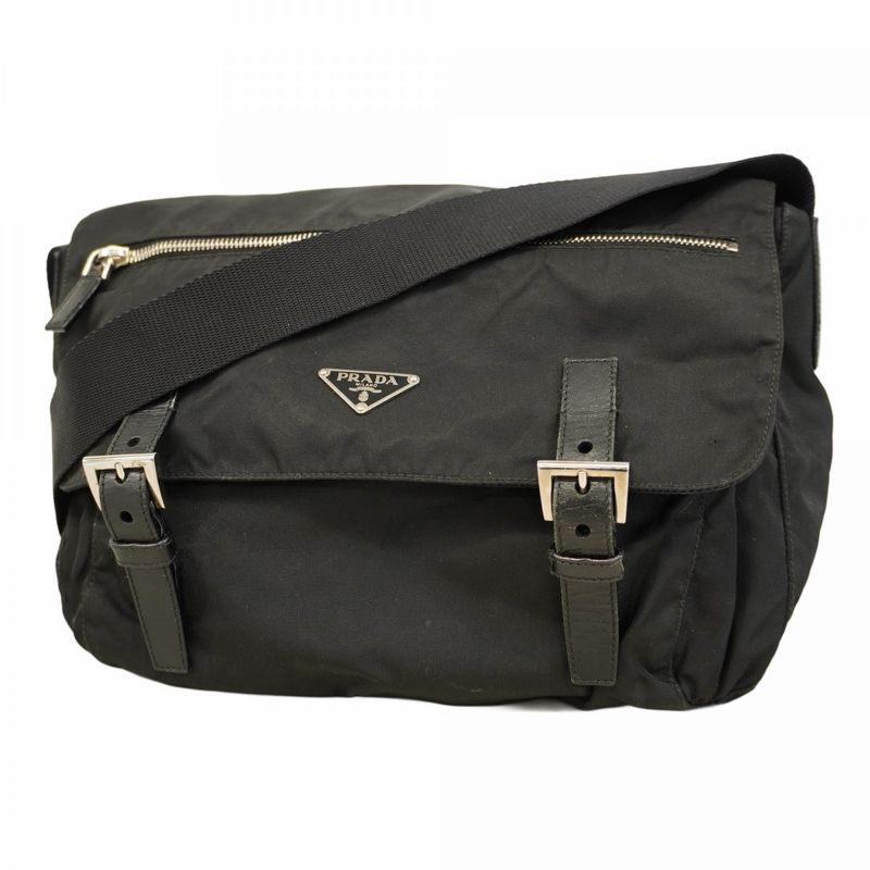 Prada Shoulder Bag Nylon Black Silver Hardware Men Women Unisex