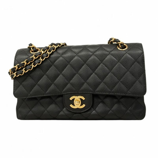 Chanel Shoulder Bag Matelasse Caviar Skin Black Gold Hardware Women