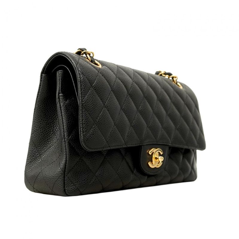 Chanel Shoulder Bag Matelasse Caviar Skin Black Gold Hardware Women